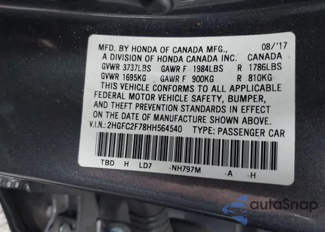 2017 Honda Civic Ex z USA, uszkodzony, nr VIN 2HGFC2F78HH564540